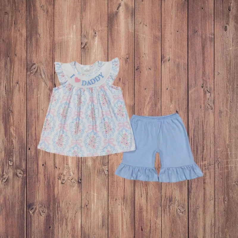 

4.10 GSSO2407 Girls' Outfit with Embroidered 'I Love Daddy' Design Pink Flower Bowtie Sleeveless Top And Blue Shorts for Kids