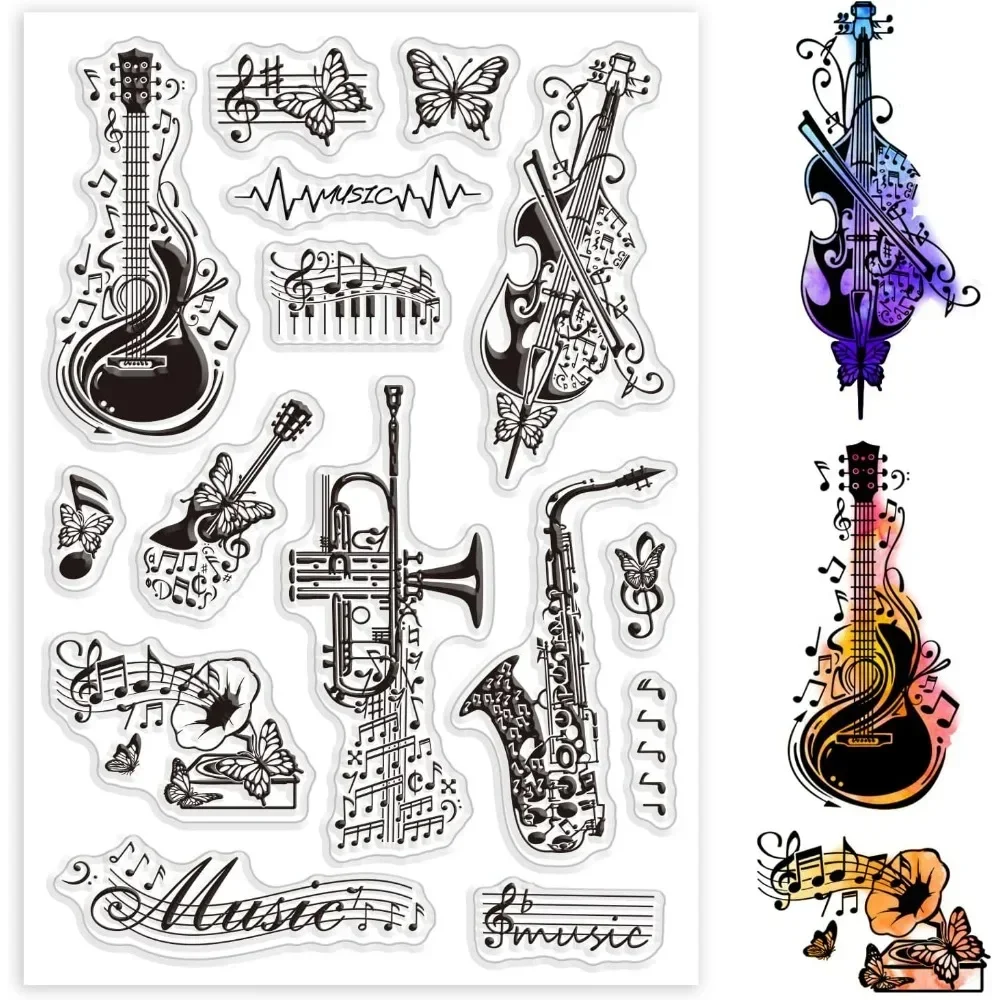 Music Instruments Clear Stamps Music Note Silicone Clear Stamp Seals Violin Guitar Transparent Stamps for DIY Scrapbooking