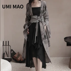 UMI MAO Chinese Style Harajuku Design Spring Summer Homemade Zen Cotton Hemp Ink Dye Printed Split Coat Femme