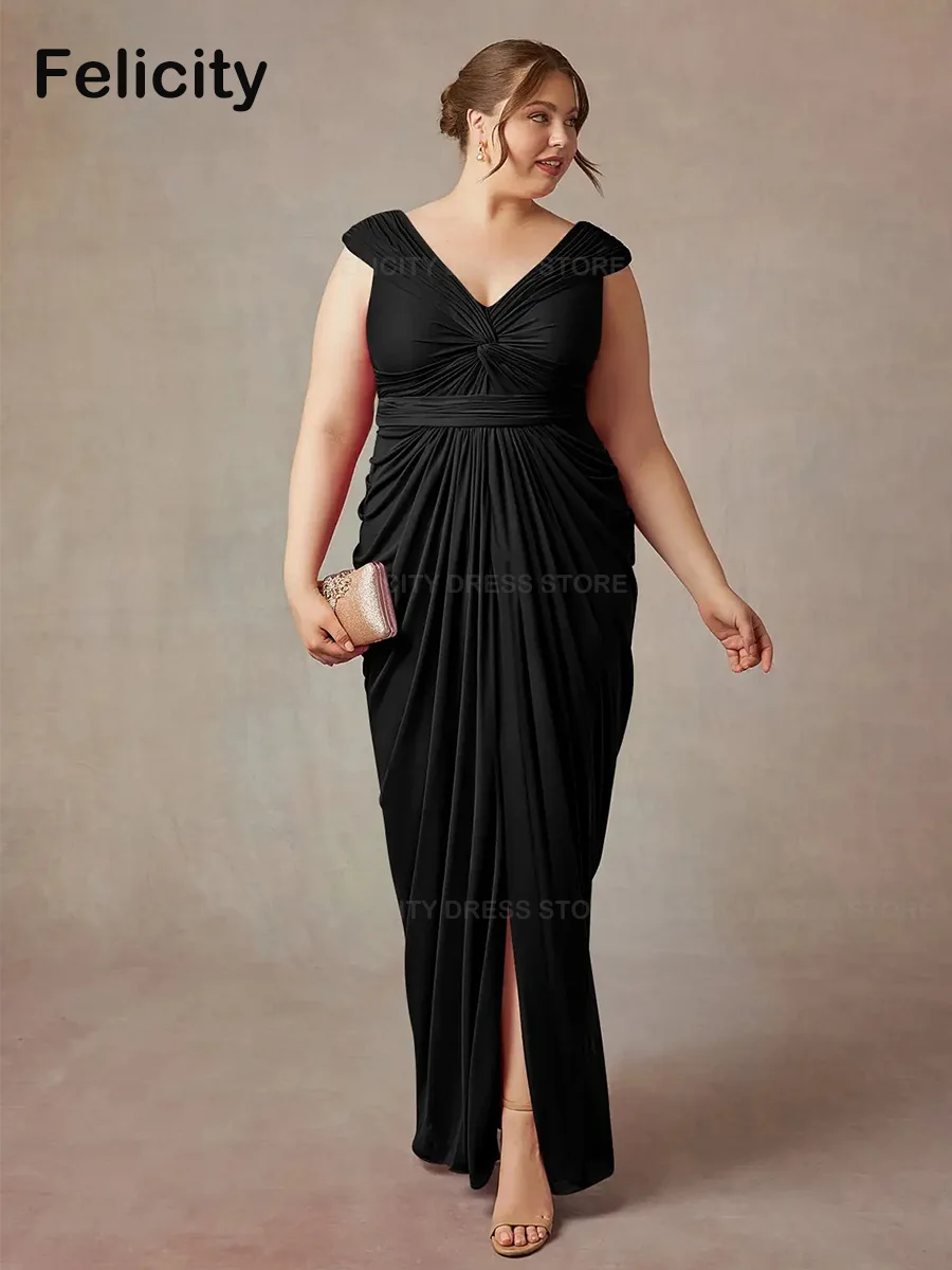 

Simple Plus Size Mother of the Bride Dresses 2023 Sheath V-neck Wedding Guest Dress Pleat Floor-Length Front Split Evening Gowns
