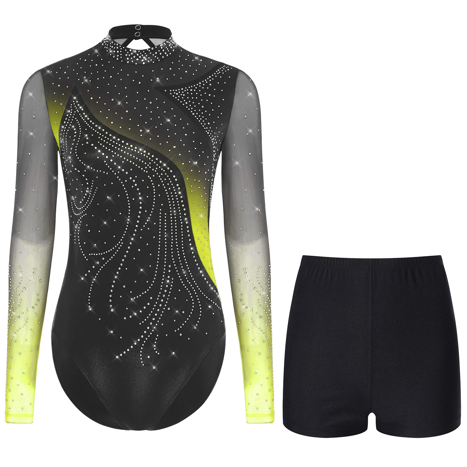 Womens Glittery Gymnastics Leotard Outfits Long Sleeve Rhinestones Ballet Unitards Gym Jersey Skating Competition Dance Costume