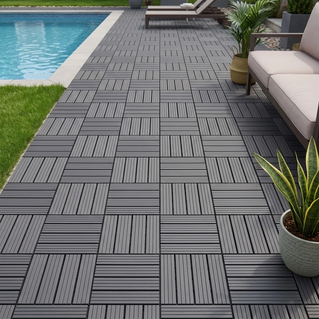 44 Pack Plastic Interlocking Deck Tiles, 12x12 Waterproof Non-Slip Outdoor Patio Flooring, All Weather Drainable Snap Together Decking Tiles for Poolside, Grey