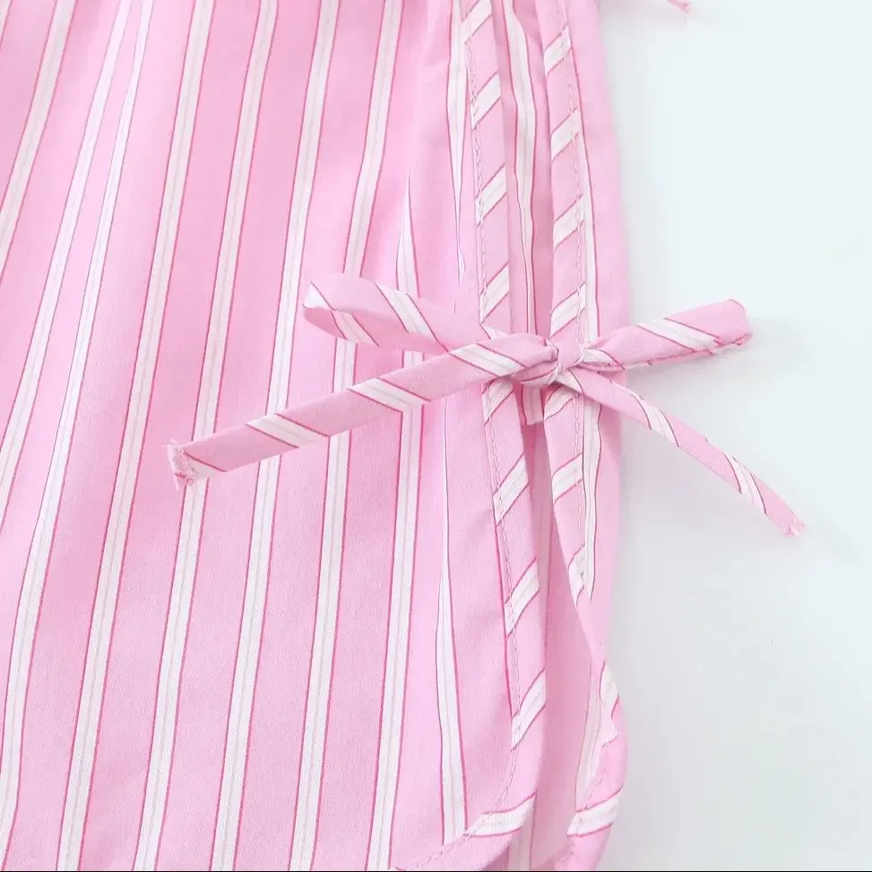 새로운 여름 여성 의류 리본 줄무늬 반바지 패션 리본 장식 탄력 허리 반바지