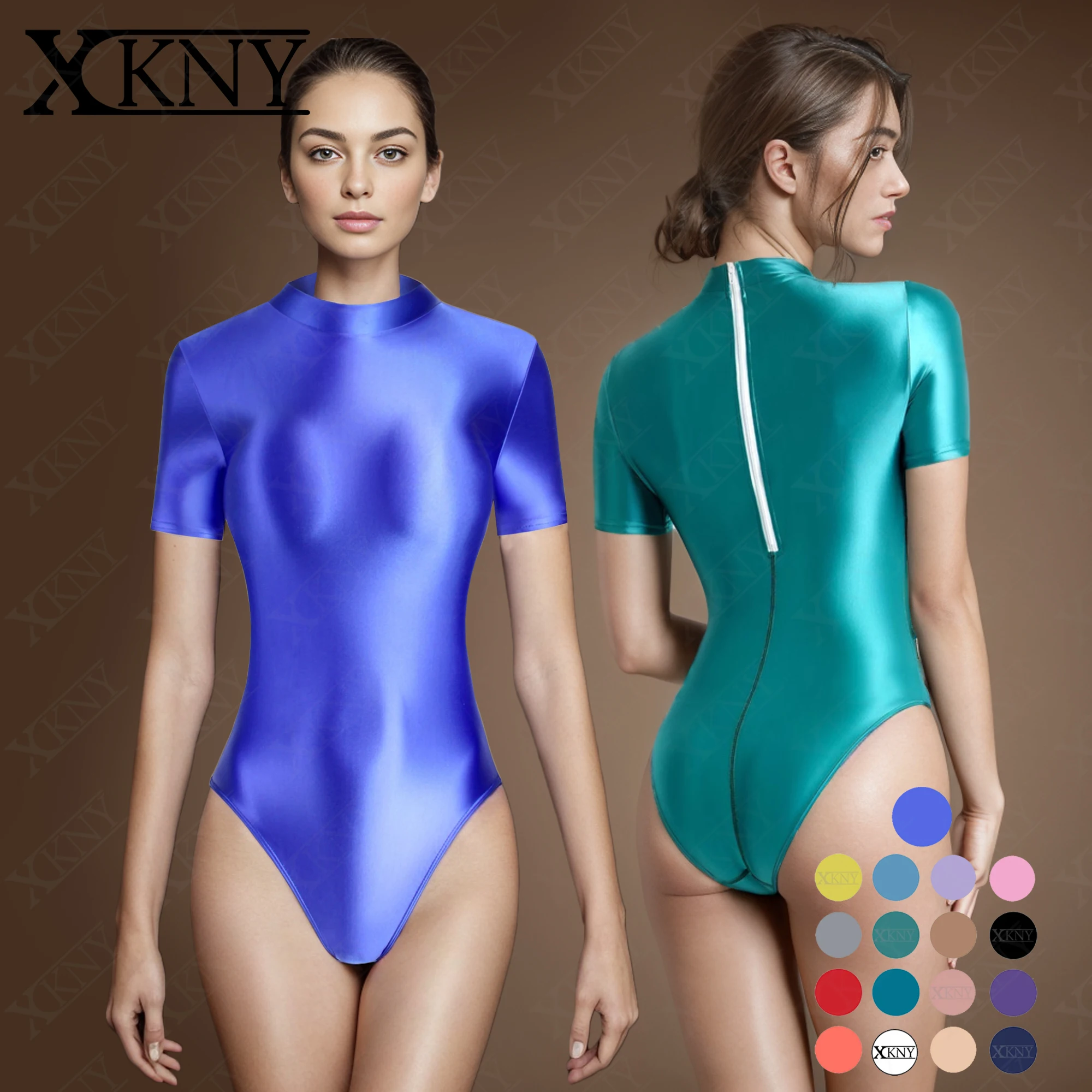 XCKNY glossiness series One piece swimsuit  back zipper high slit satin glossy short sleeve Swimsuit Bottom coat