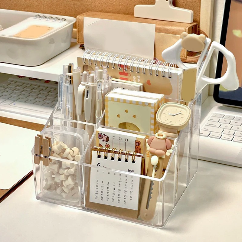 Clear Pen Organizer For Desk, Plastic Office Supply Storage And Accessories Box For Marker, Stationery, Pencil Cup