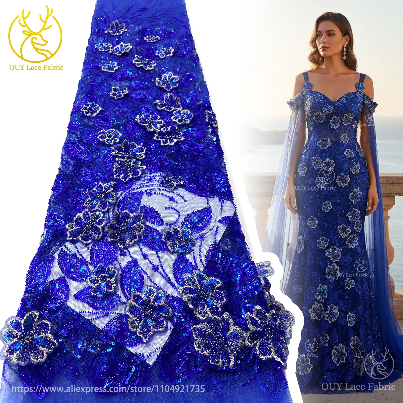 

Treasure Blue African Nigerian Luxury 3D Flower Embroidery Fabric 2025 Luxury French Beaded Sequin Lace Fabric for Party Wedding