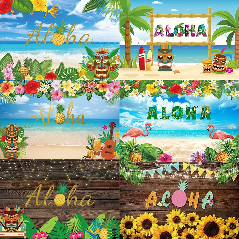 

Aloha Photo Backdrop Flamingo Luau Party Rustic Tropical Wood Flower Coconut Tree Photography Background Banner Props Decoration