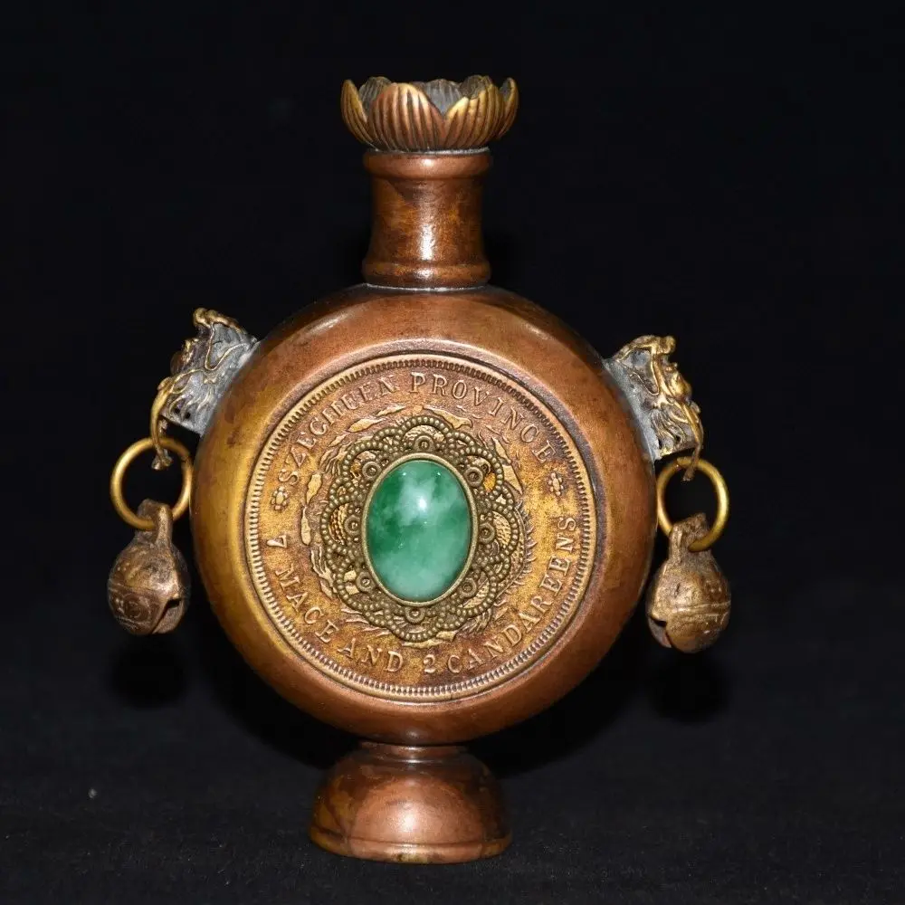 Pure Copper Lion Backflow Incense Ornament Inlaid with Jadeite & Gemstones, Early Collection Piece