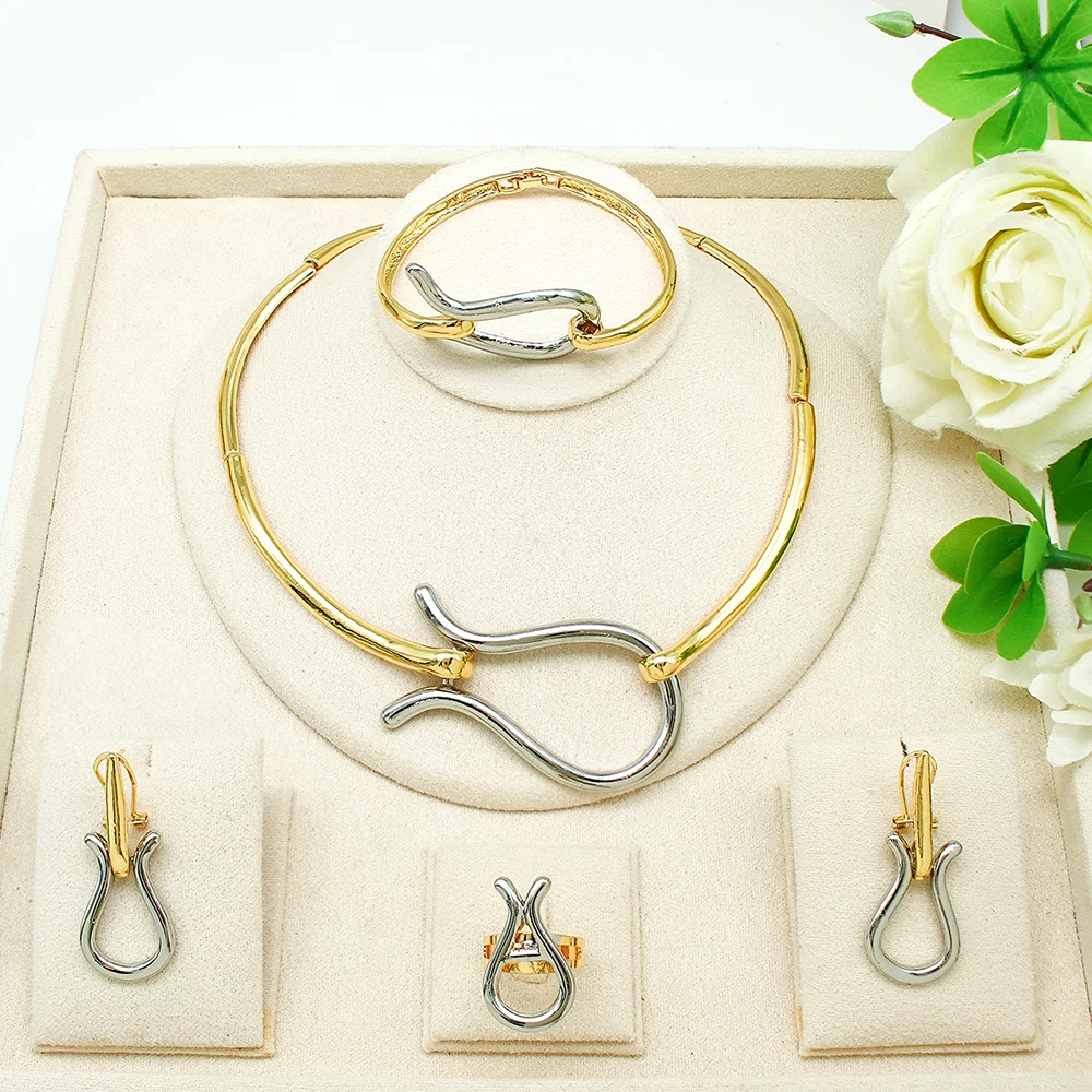 Jewelry Set For Women Italian 18K Gold Plated Nacklace Earring Bangle Ring 4pcs Big Set Jewelry DubaI Nigeria Trending