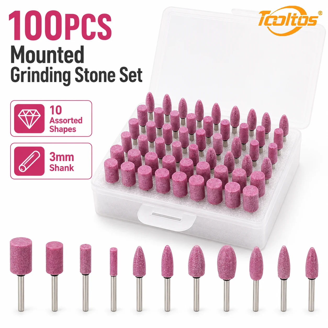 100PCS Chrome Corundum Mounted Grinding Stone Set 3mm Shank 10 Shapes Abrasive Bits for Jewelry Metal Grinding Polishing