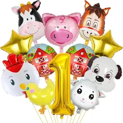 Farm Animal Balloon Birthday Decoration - 12 Pieces Farm Birthday Number Aluminum Foil Balloon Set Includes Cow Donkey Sheep Pig Chicken Balloon Children's Farm Theme Party Supplies