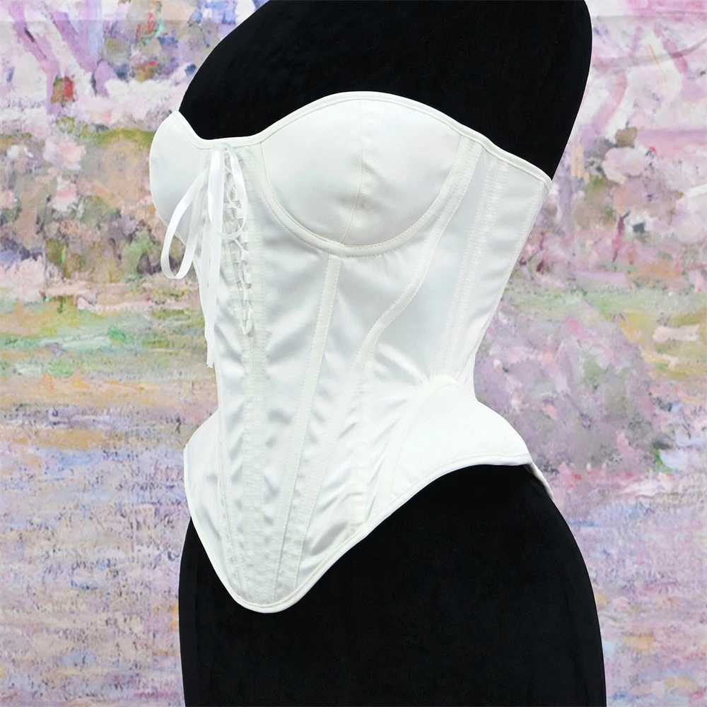 Women Overbust Corset Sexy With Bra Push Breast Vintage White Lace Up Fishbone Bodice Strapless Slimming Shaping Bustier Tops