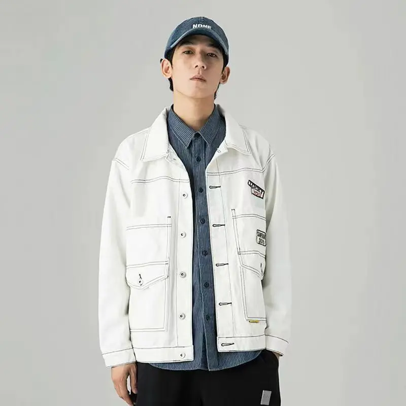 

Male Jean Coats Cargo White Men's Denim Jacket with Embroidery One Piece Original Low Cost Fast Delvery Outwear Trendy Washed G