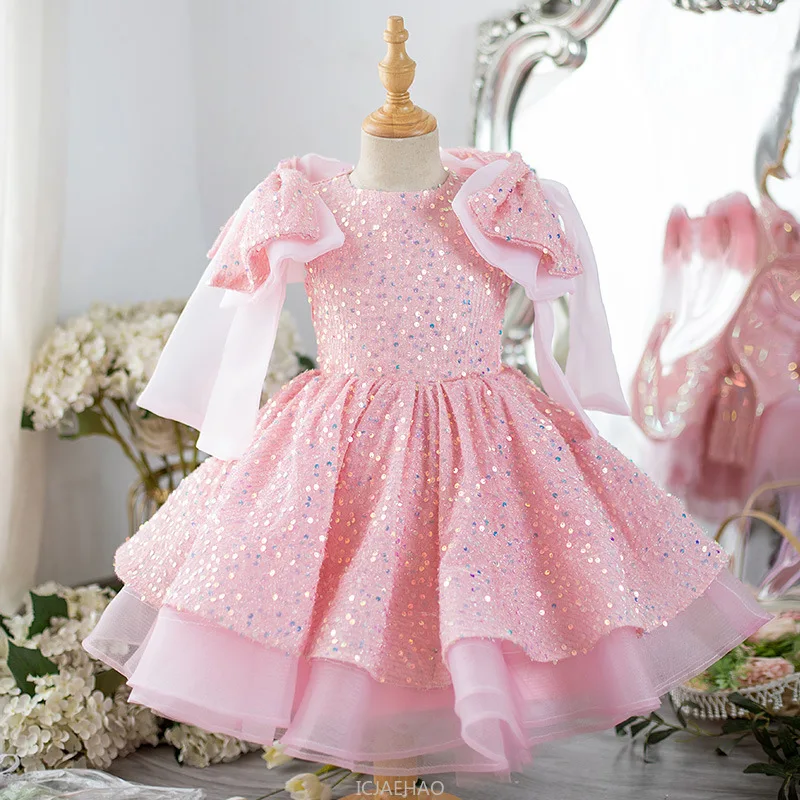 Flower Girl Party Dress Children Costume Glitter Wedding Dresses Vestido Girls Tulle Princess Gown Pageant Host Piano Outfit