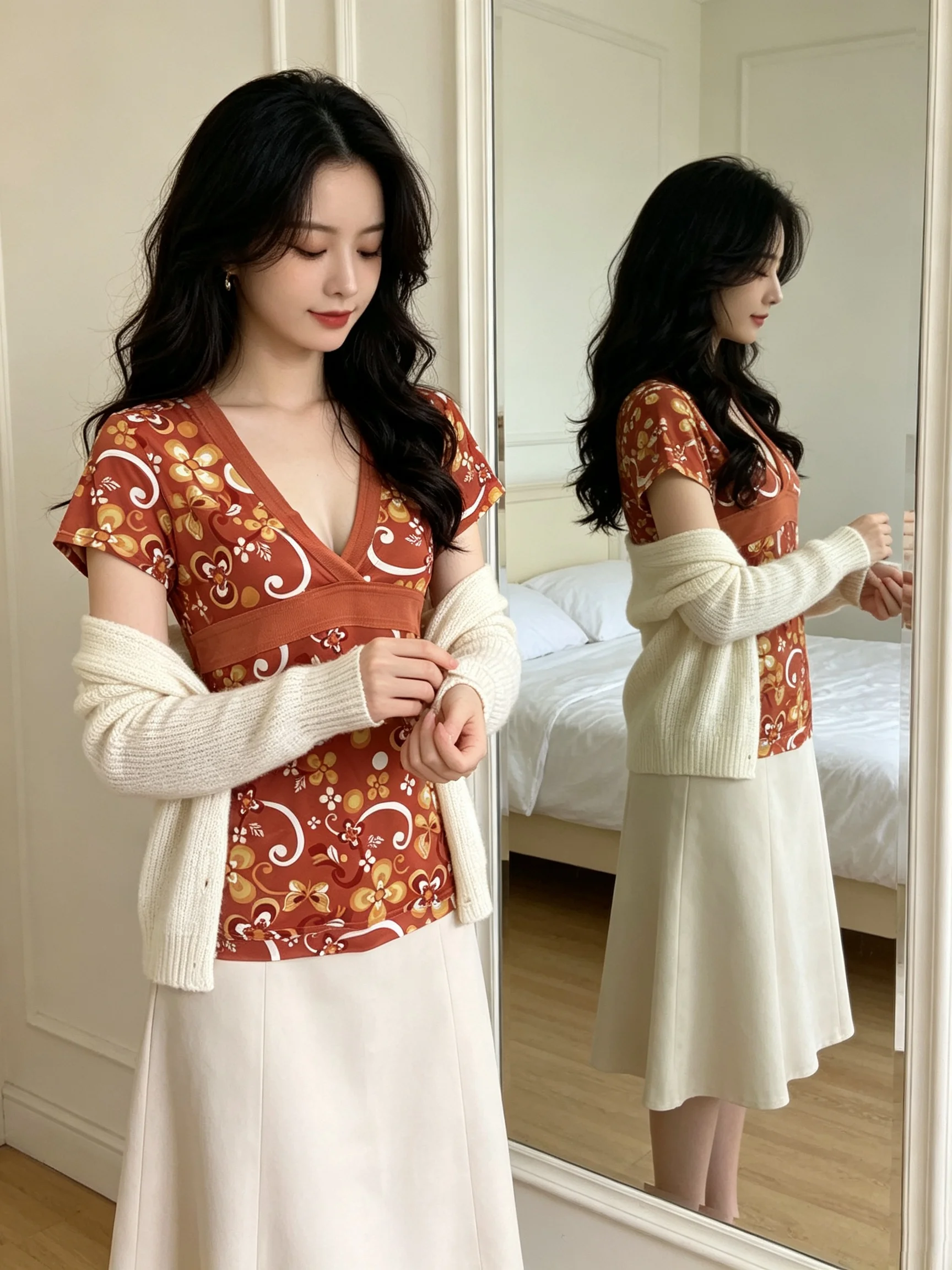 American retro floral atmosphere V-neck short sleeved T-shirt with cinched waist, slim fit and slimming temperament casual top