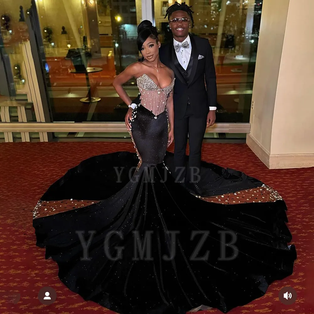 

Luxury Rhinestone Diamond Mermaid Long Prom Dresses For Black Girls 2025 Sexy Sheer SweetheartEvening Gown Customized