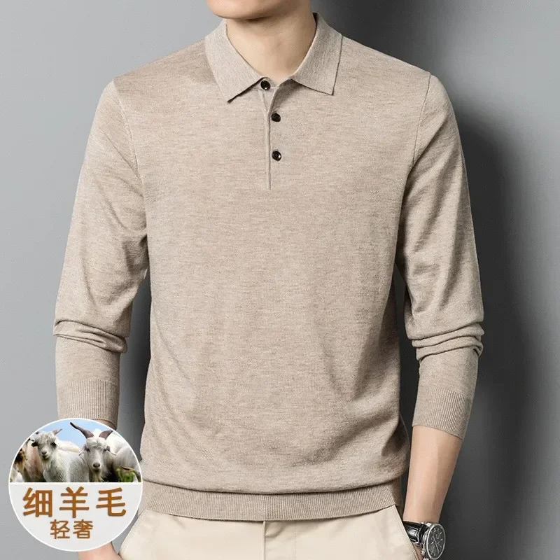 Men's Autumn Long-Sleeved Wool Blend Solid Color Polo Pullover Sweater with Lapel, Casual Bottoming Sweater -Sizes M-4XL