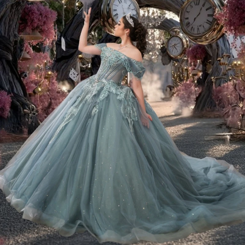

Dark Green Shiny Quinceanera Dresses Ball Gown Off The Shoulder Applique Lace Beading Tull Corset Sweet 16 Dress Vestidos 15 De