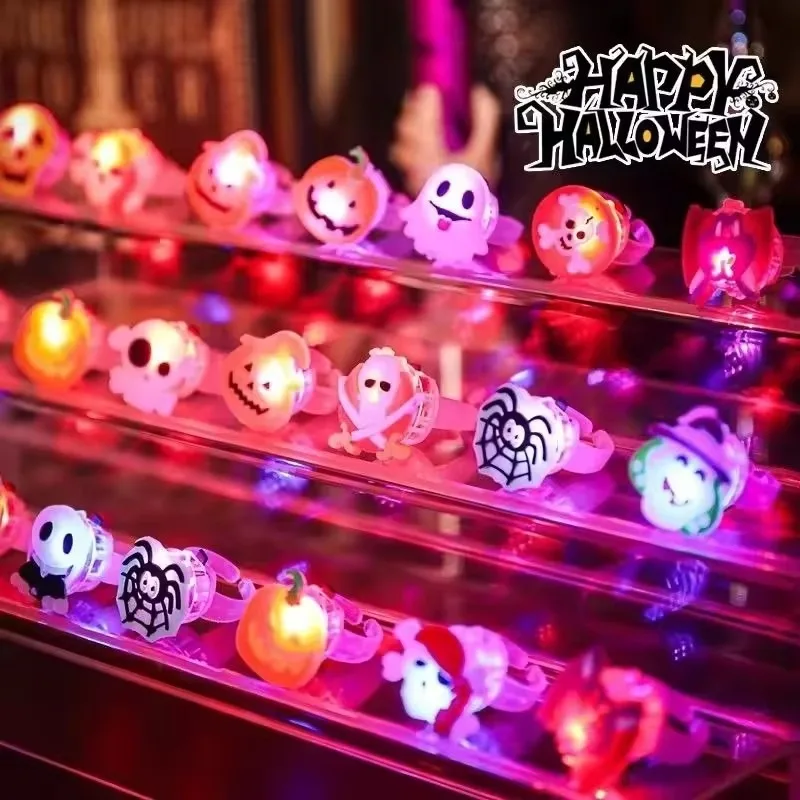 50PCS Halloween Luminous Rings LED Cute Pumpkin Ghost Eye Flash Finger Rings for Halloween Party Accessories Perfect DIY Decor