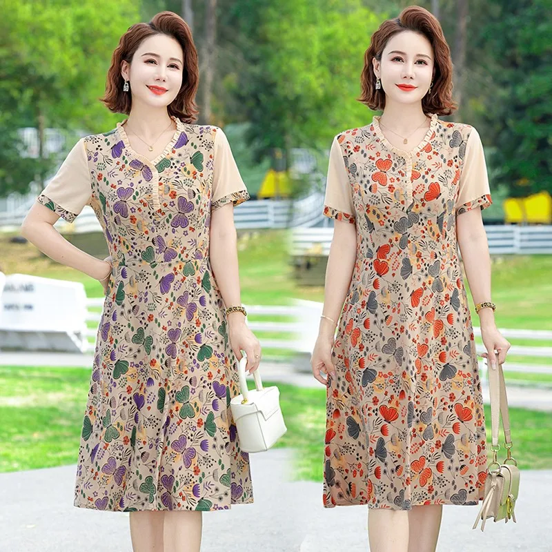 New Fashion Casual Summer Vintage Slim Dresses V-Neck Butterfly flowerl Elegant Party Dress Women Clothing