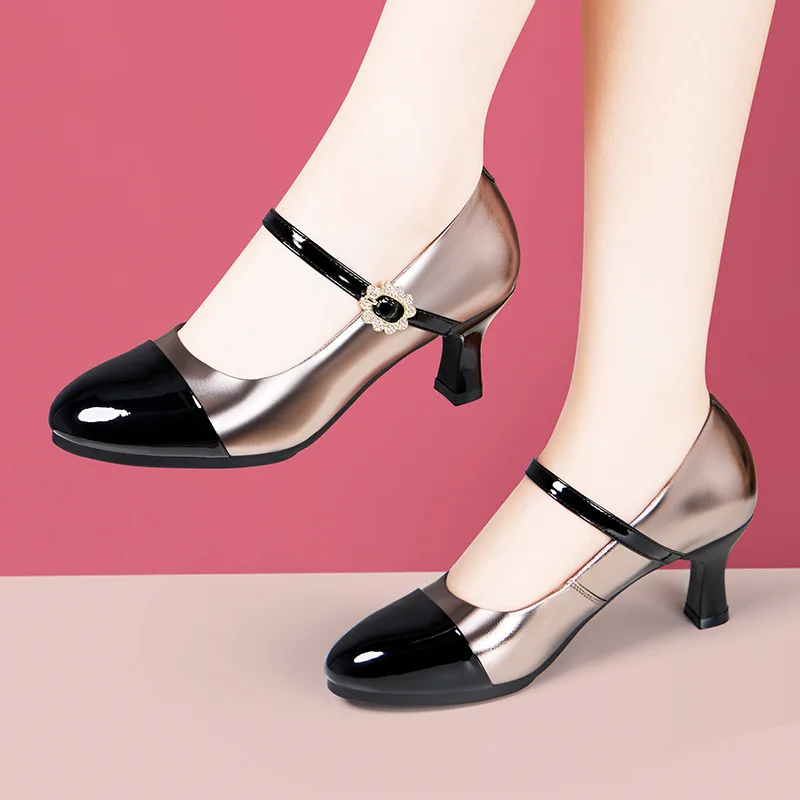

6cm Small Size 33-42 Shallow Mix Color Med Kitten Heels Shoes Mary Janes 2025 Spring Genuine Leather Shoes for Thin Feet Dance