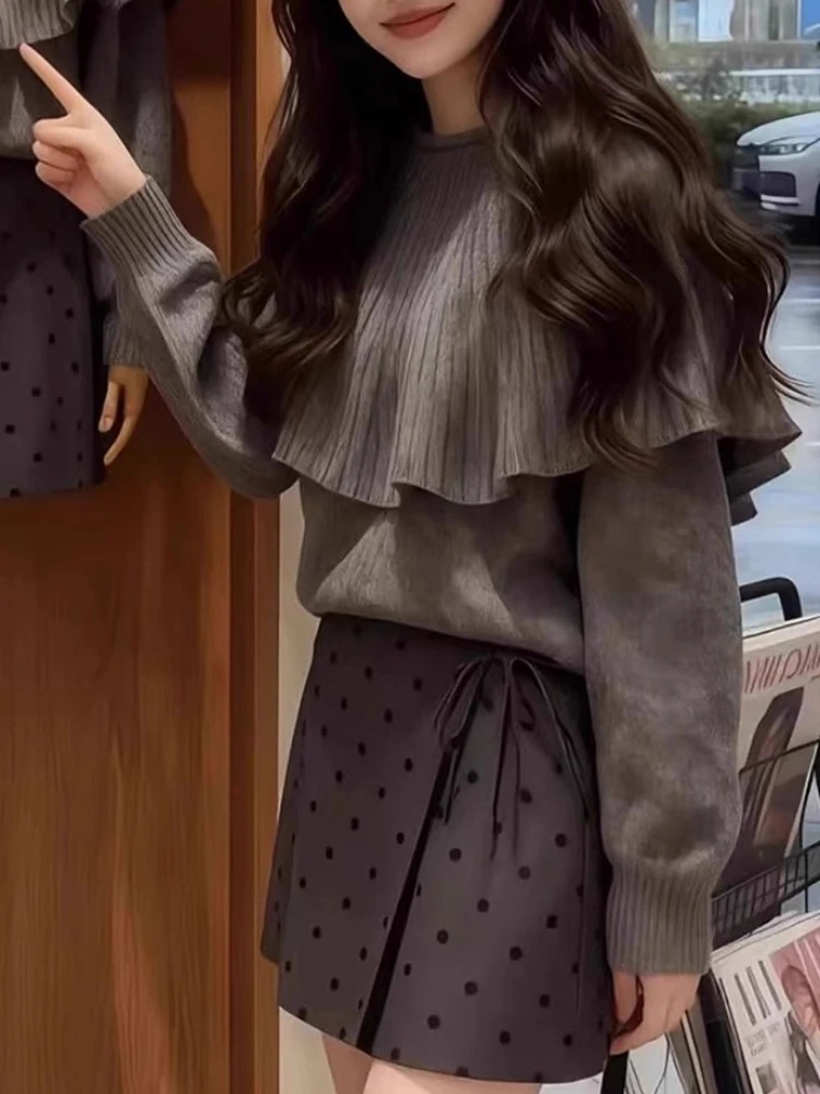 Korean Gray Knit Cape Sweater Set Women Autumn Elegant Slim Fit Ruffle Hem Two Piece Outfit Retro Sweet Style Daily Casual Wear