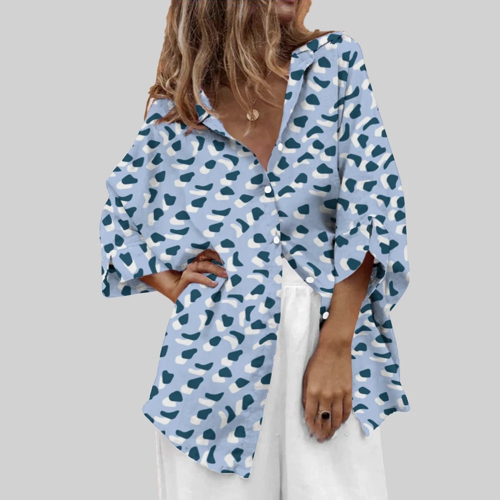 

Blue Women's Lapel Shirt Loose Casual Polka Dot Printing Long Sleeve Trend New Beach Vacation Blouse Beautiful Nice Clothes