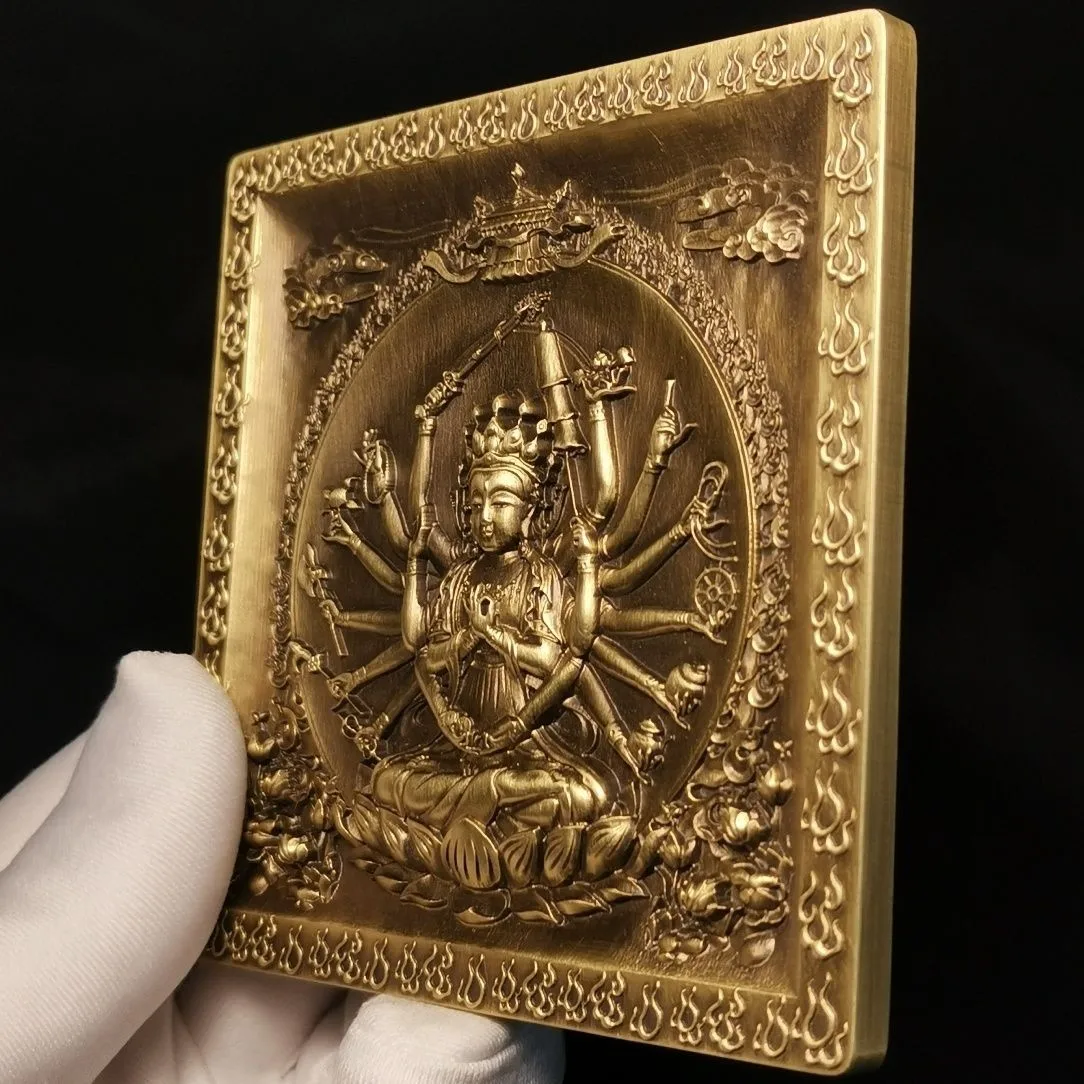 Zhun Ti Buddha mother bronze medal Si Pei bronze carving high-quality god statue texture retro relief large copper square orname