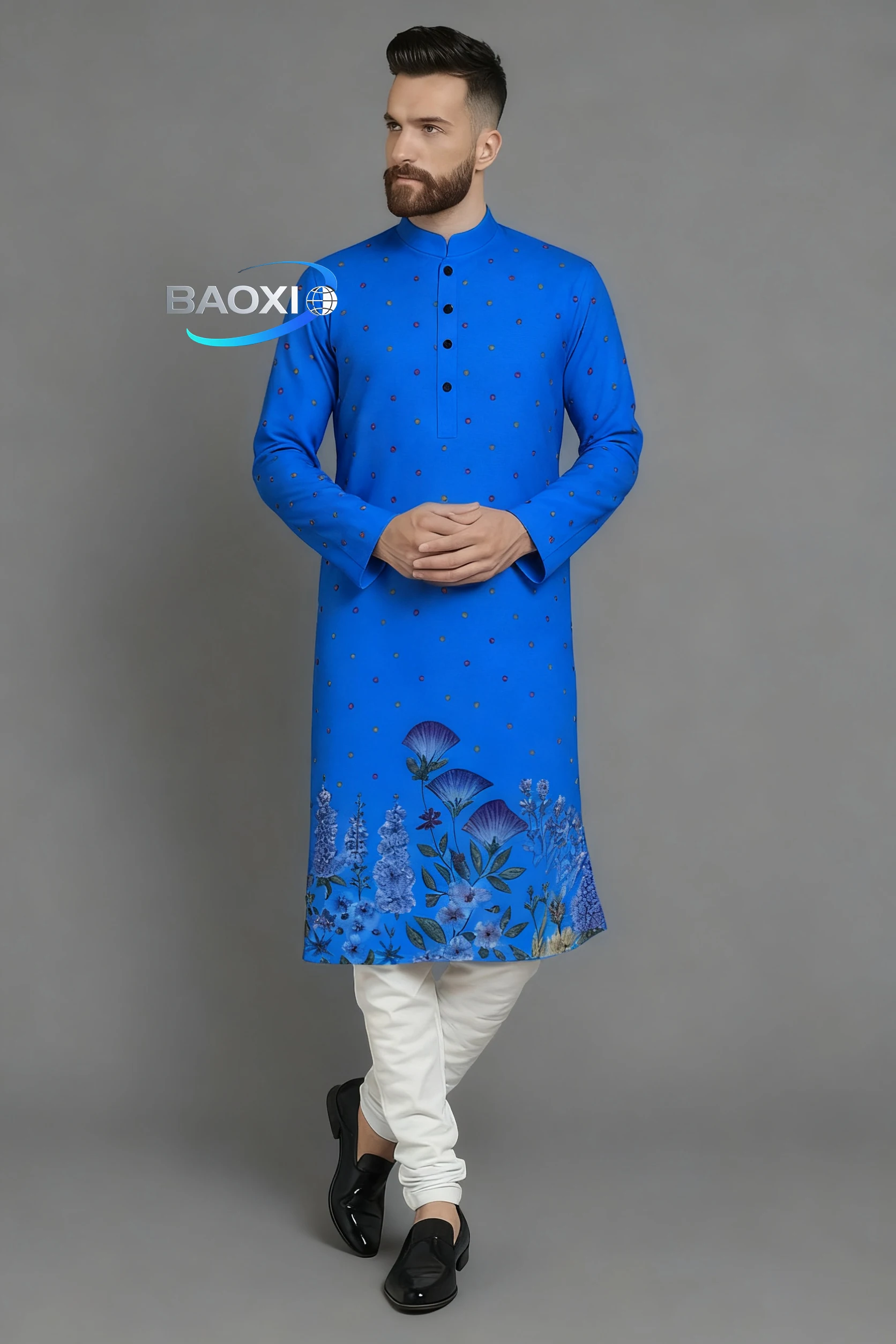 Men digital printed kurta vardha regular fit Mandarin collar long suitable All Occasions such wedding Hari Raya Aidilfitri.