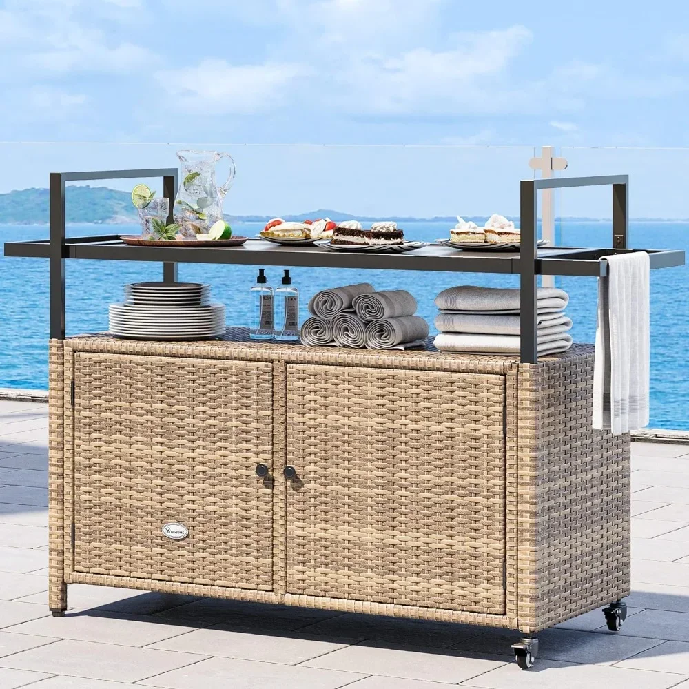 

Outdoor Kitchen Trolley, Wheels and Black Glass Table Top for Patio, Poolside and Backyard , Outdoor Kitchens Rolling Trolleys