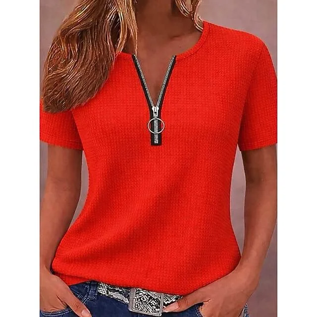 2026 Neuer Stil Frühling/Sommer Damen Gefüttertes T-Shirt mit Waffelkragen, kurzen Ärmeln und Reißverschluss – Detail 4