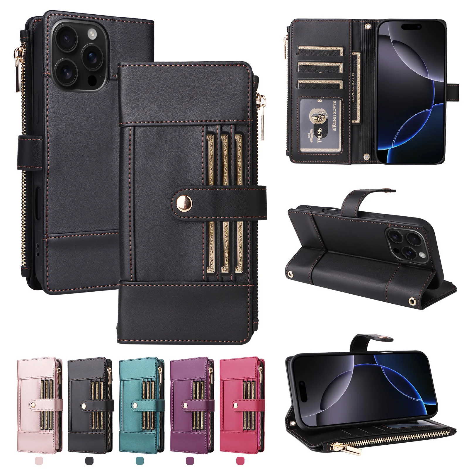 

Multi 6 Cards Leather Zipper Pocket Case For iPhone 17 Pro Max 17E 16 16E 15 14 13 12 11 Crossbody Leather Lanyard Flip Cover