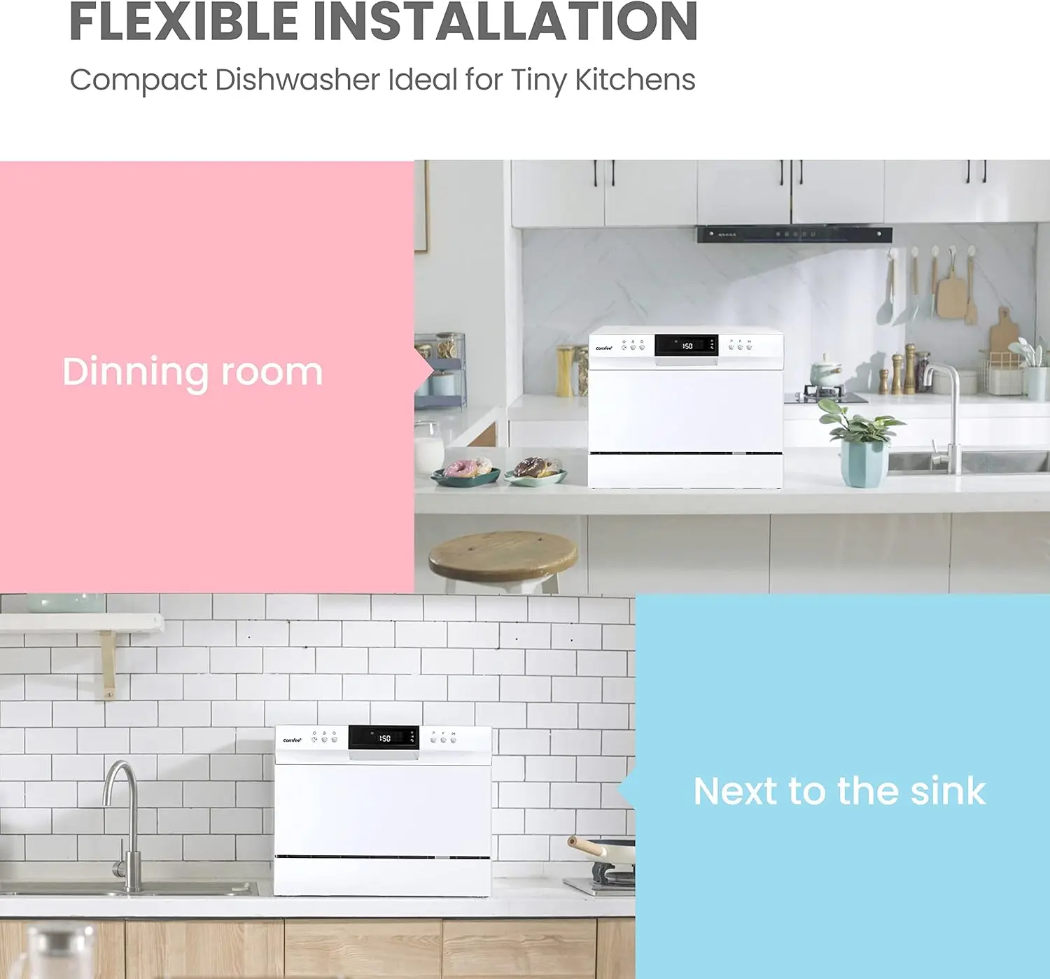 Portable Mini Dishwasher, Energy Star, Countertop, 6 Place Settings, with 8 Washing Programs, White