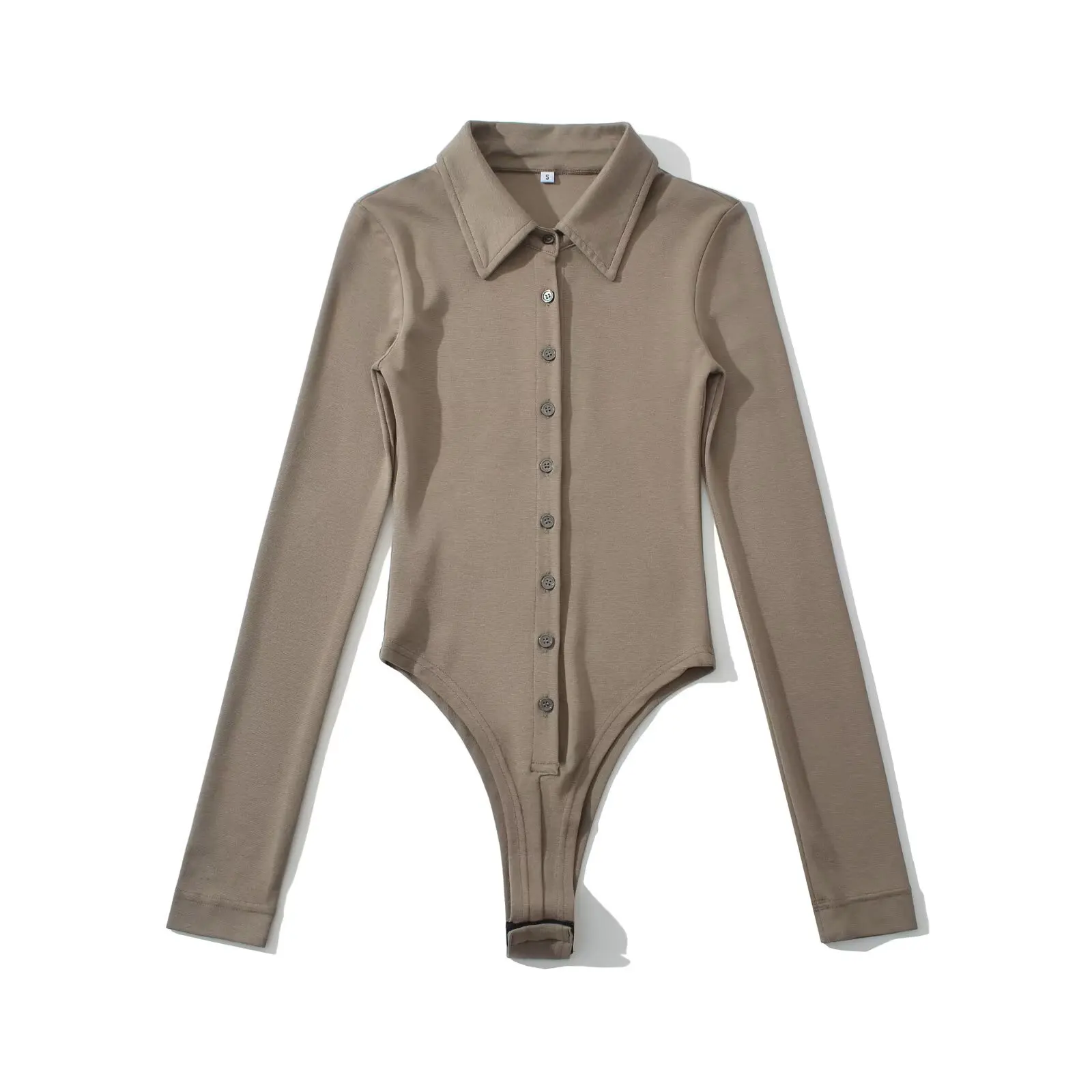 Vintage Khaki POLO Lapel Collar Long Sleeve Bodysuit Woman Front Open Buttons Short Jumpsuit Slim Fit Rompers Bodycon Playsuits