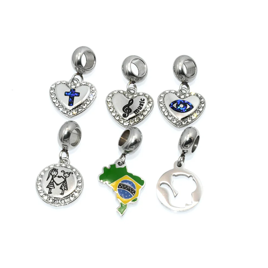 316L Stainless Steel Heart National Flag of Brazil Cross Boy Girl Big Hole Spacer Charms For Pandroa Bracelet Making Findings