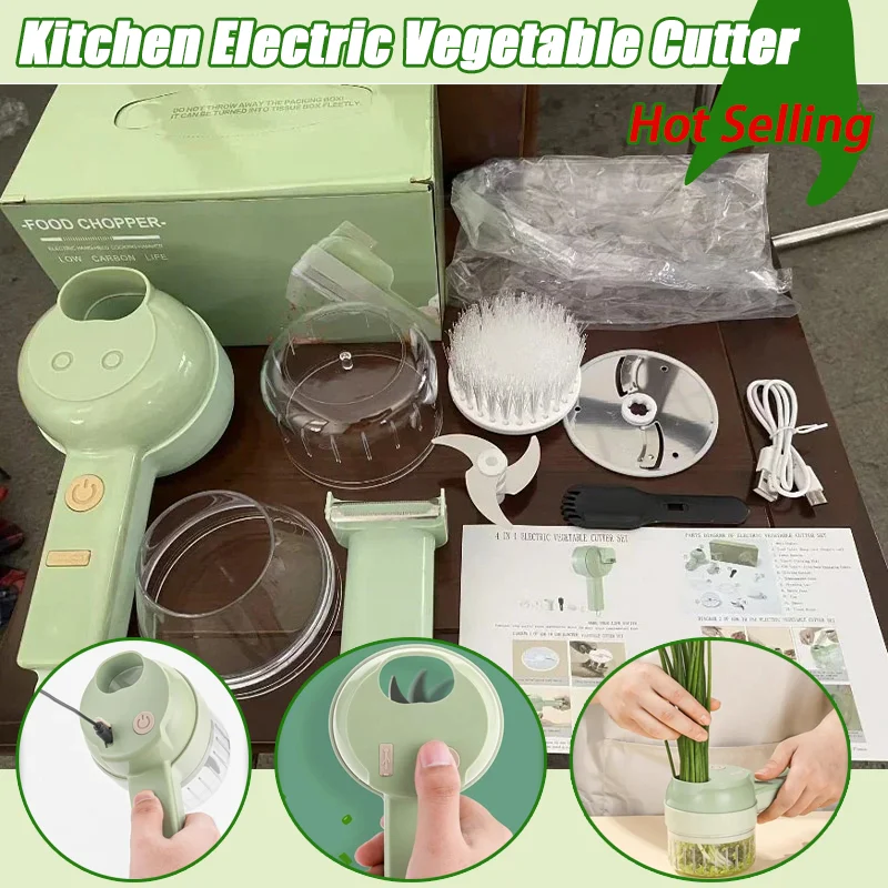 Green Kitchen Electric Vegetable Cutter Set Handheld Wireless Garlic Masher Food Chopper Meat Grinder Machine Peel Slice Tools