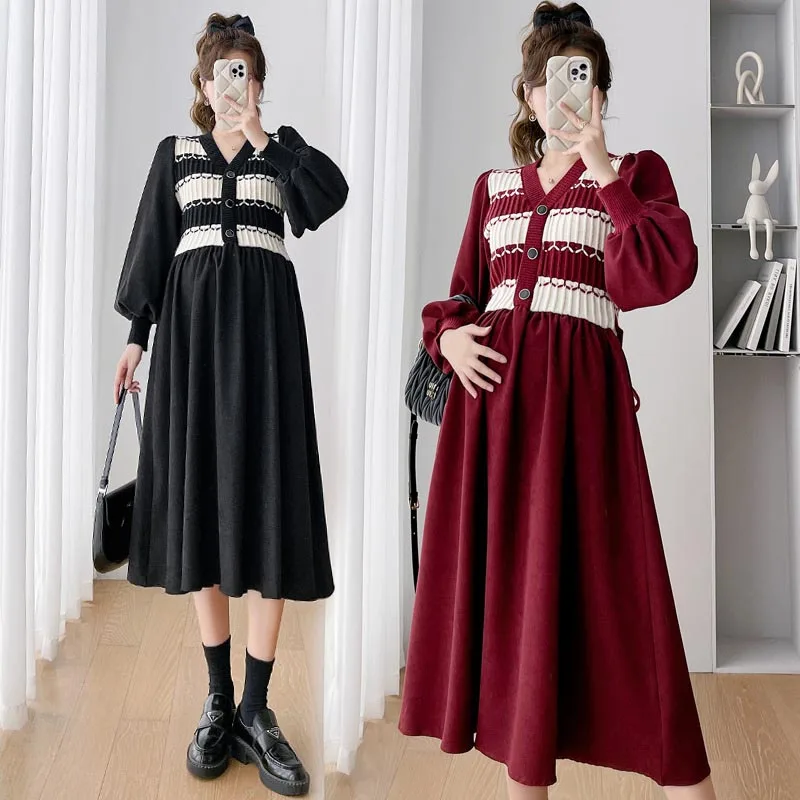 Maternity Autumn Winter Thick Sweaters Patchwork Corduroy Maternity Dress Fashion In A Line Clothes for Pregnant Women Pregnancy