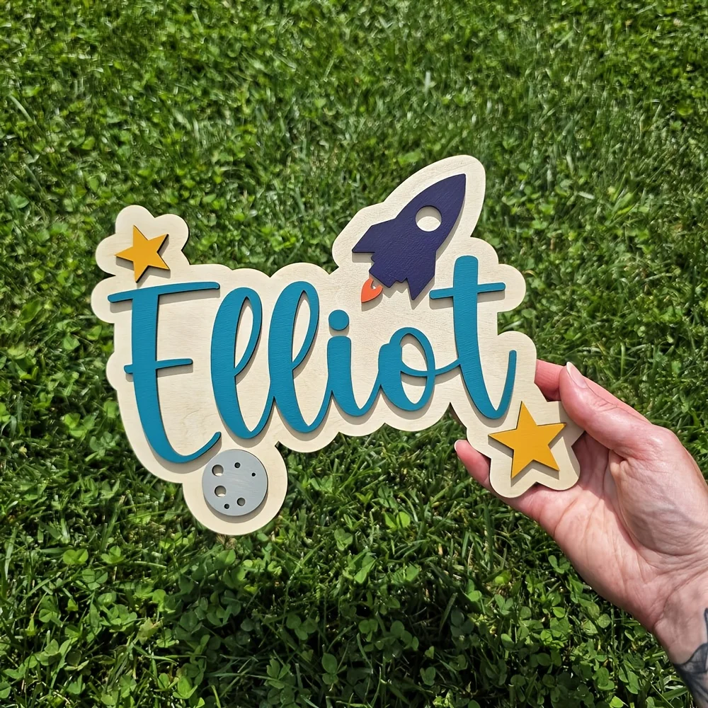 Personalized Space-Themed Room Sign - Customizable Name with Green Letters and Blue Rocket, Wooden Easy-to-Install Door Hanging