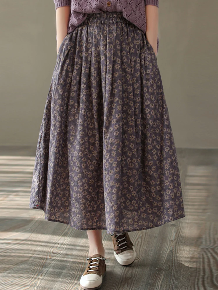 

Хлопково-льняная юбка с высокой талией и цветочным принтом, юбка-миди трапециевидной формы, винтажная женская летняя юбка Faion Commute f Body