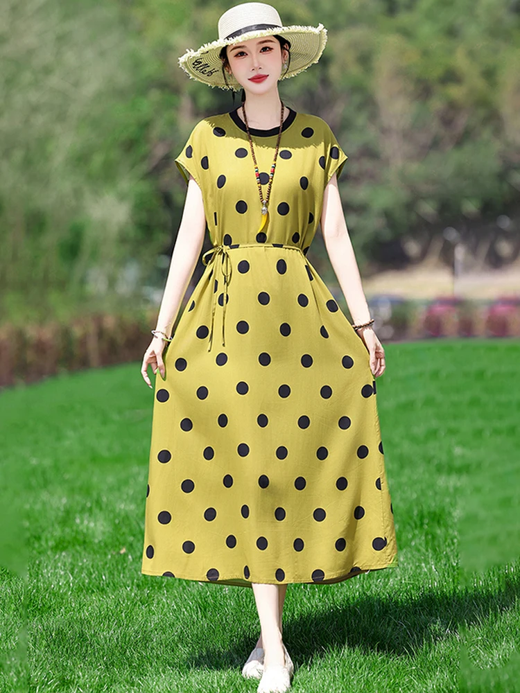 

New Mid-Late Life Mommy High-End Ethnic Style Cotton Silk Dress Women Summer plus Size Loose Slimming Maxi Skirt Dress