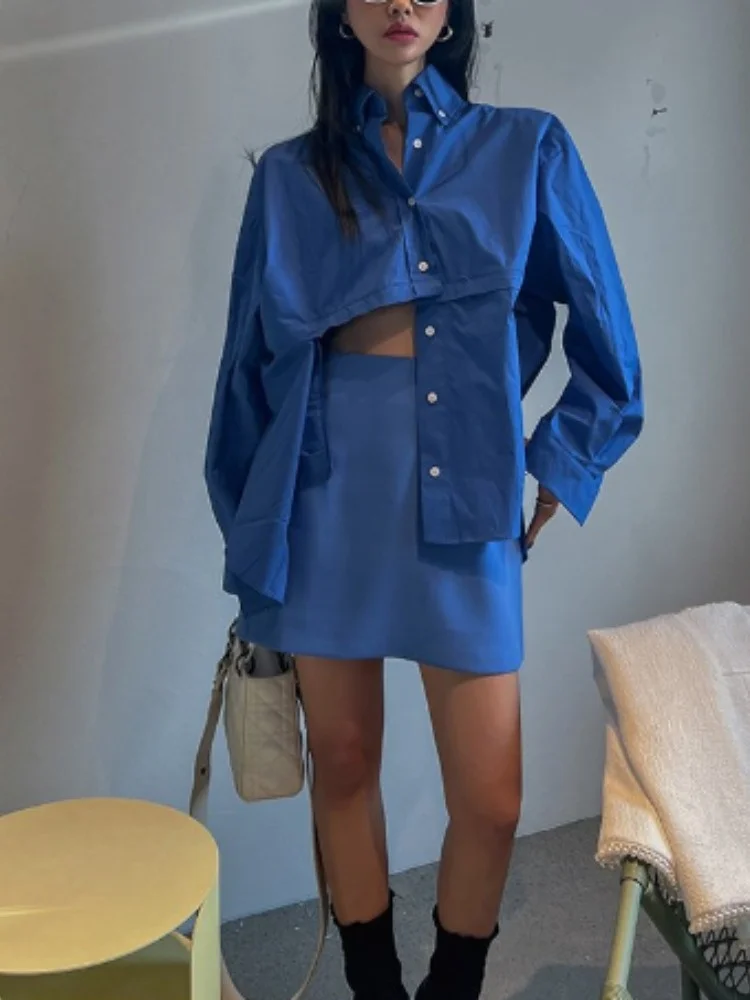 Blue Zipper Splice Design Women's Long Sve irt Faionable Single Button Midi Length Top Commute Sle Pure E-commerce