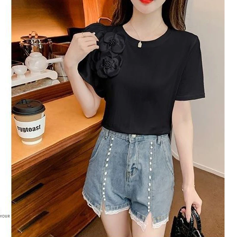 Summer Fashion Round Neck Beading Appliques T-shirt Ladies Short Sleeve Slim Casual All-match Pullover Tee Women Solid Color Top