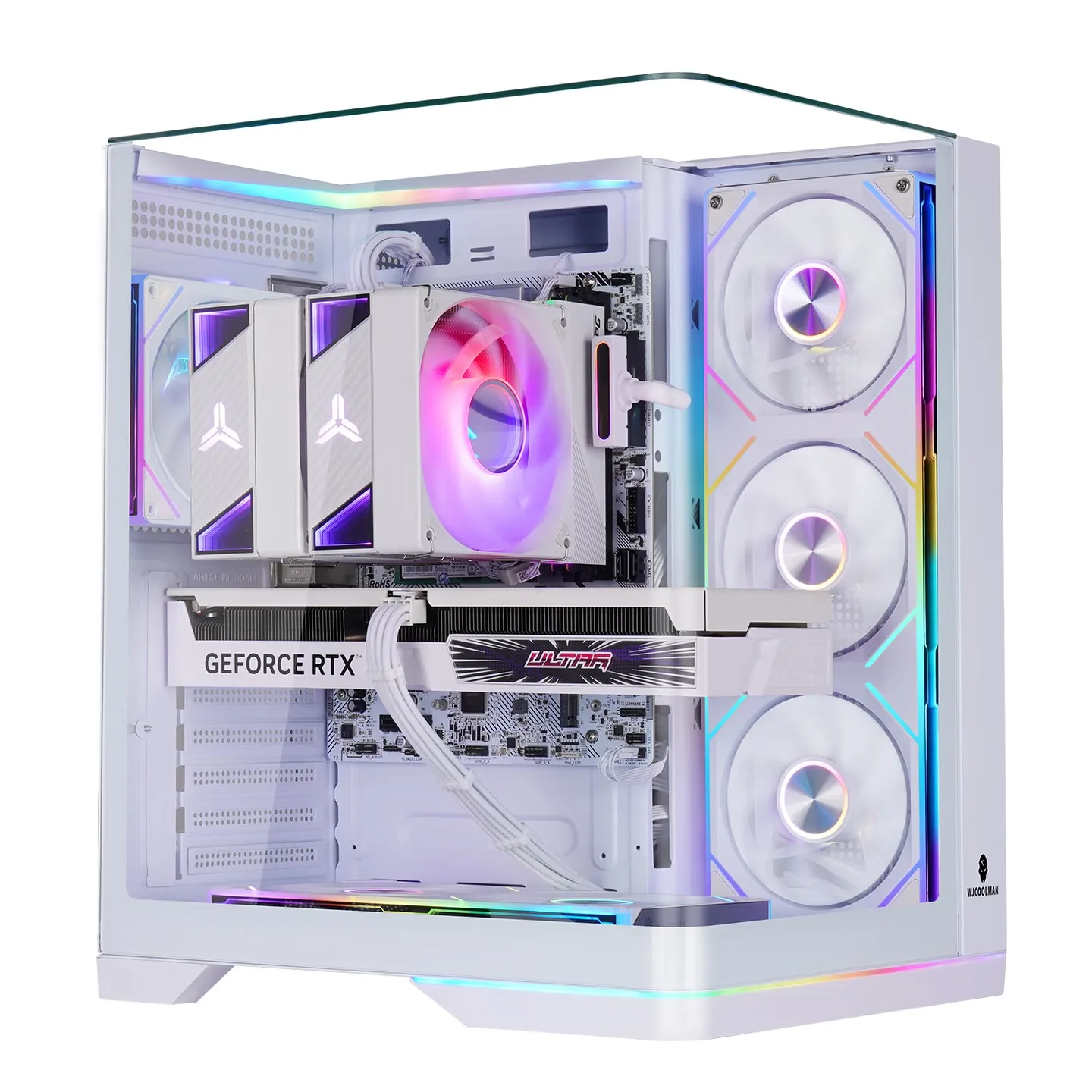 

WJCOOLMAN wenjie ATX sea-view room computer case with integrated three-sided side-opening curved glass and ARGB lighting strip