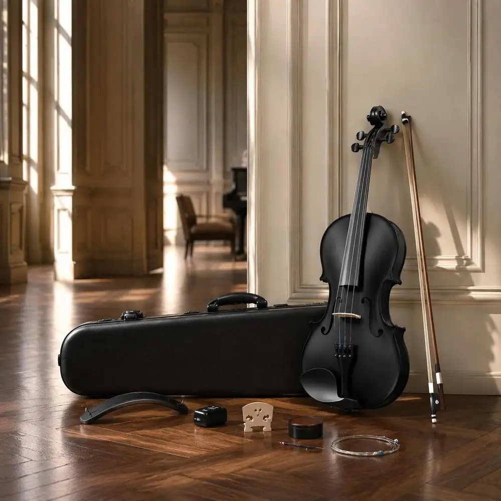 4/4 Vollgröße Violine 355 mm, Massivholz aus Fichte und Ahorn, Matt Schwarz, Komplettes Set für Schüler und Orchesterübungen