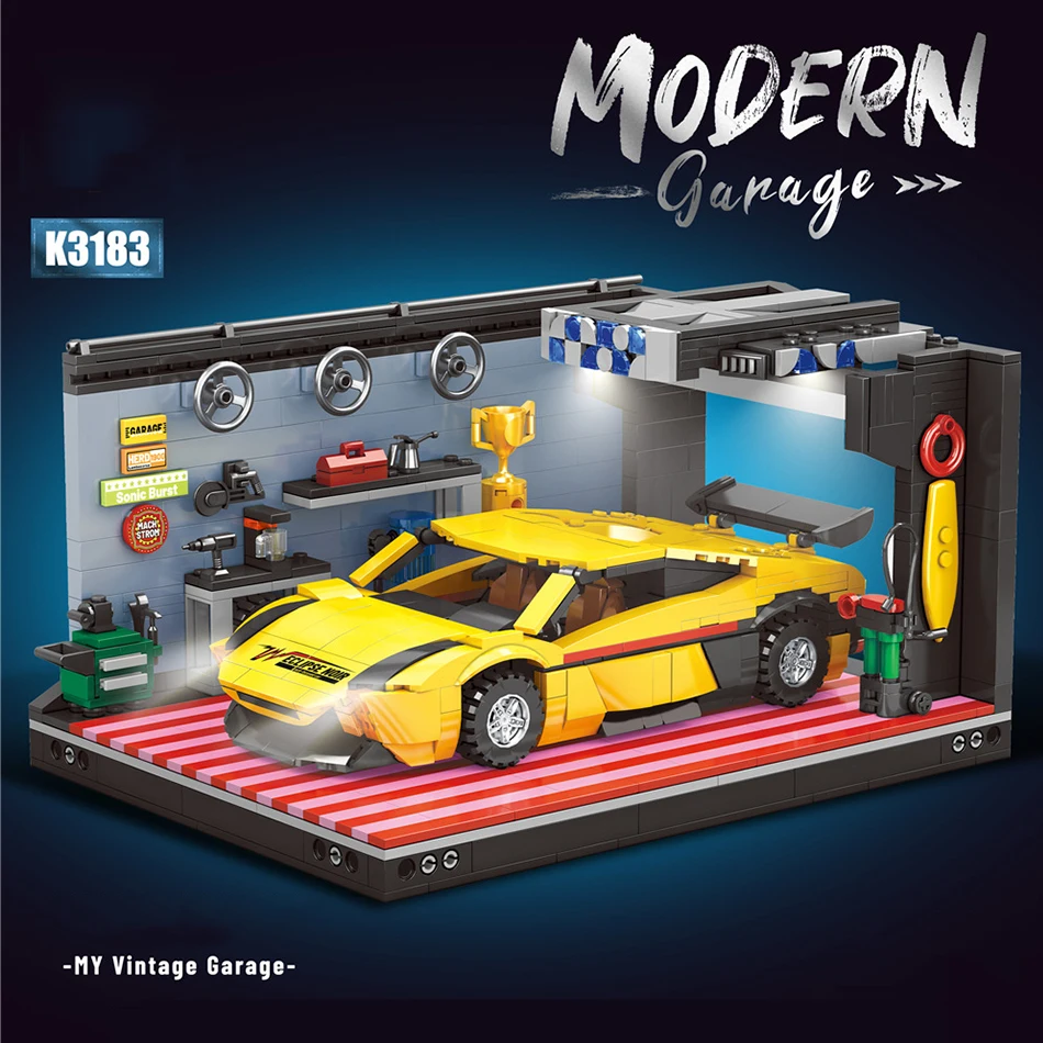 

MOC Modern Racing Car Garage Building Blocks Miniature Scene Educational Assembly Toy With Mechanical Tools For Boys Best Gifts