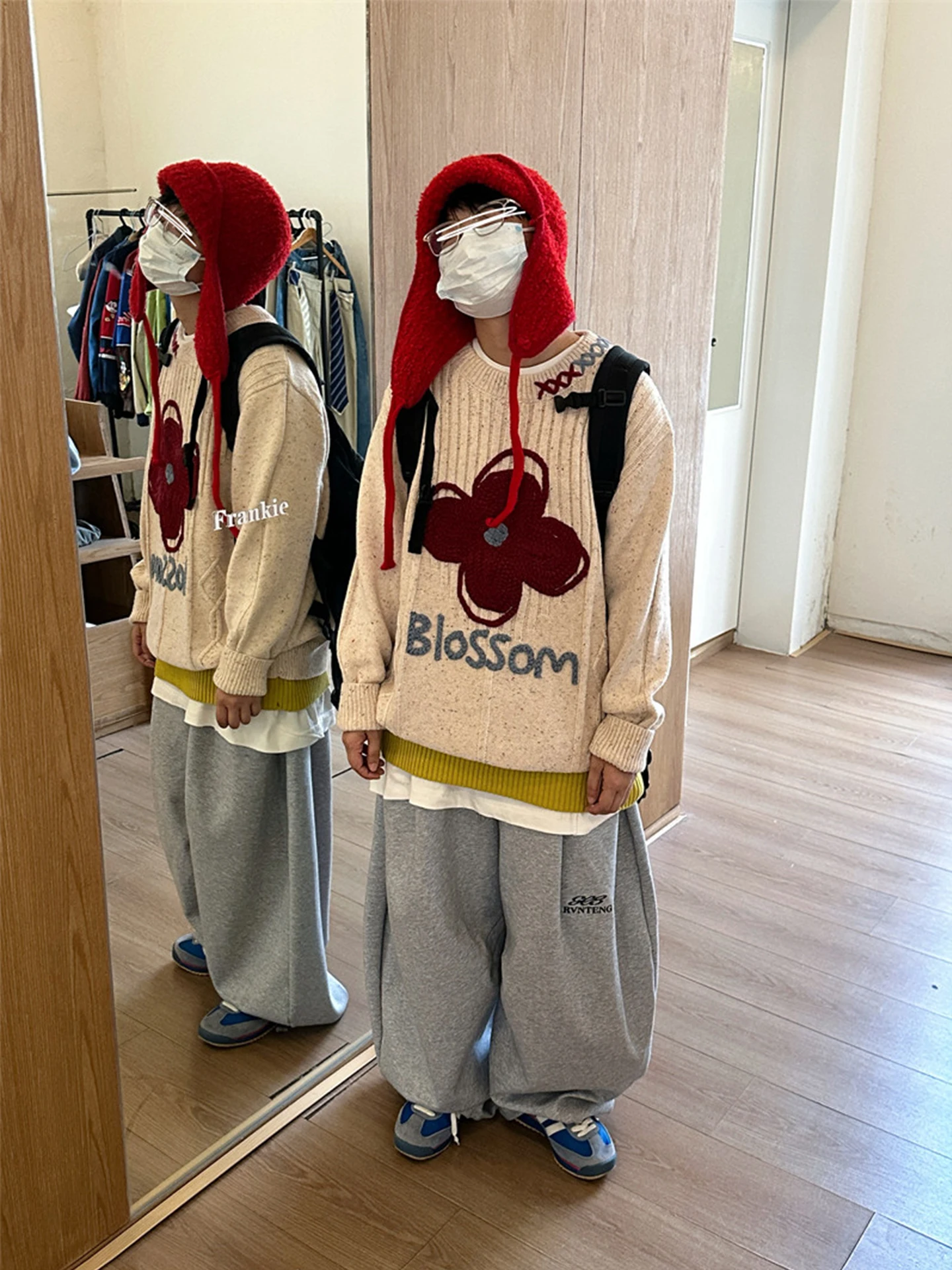 

Laid-ba Knitted round Ne Sweater Men's Autumn Winter Heavyweight Loose Fit Overhead Knitwear Comfortable Plant Floral Pat...