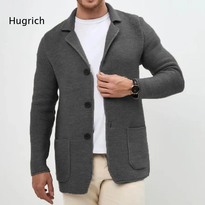 Male Textured Knitted Blazer Cardigan Notched Lapel Button Closure Long Sleeve Warm Sweater Outer Coat