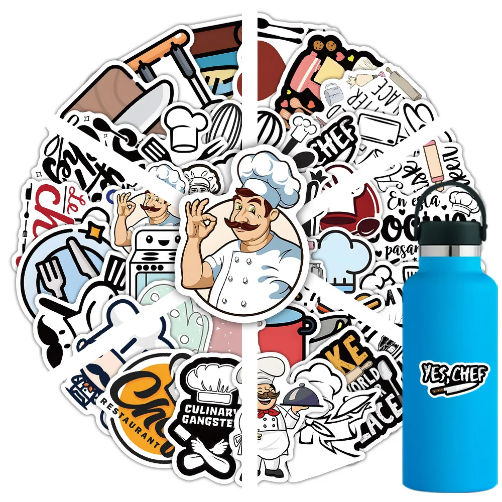 

10/54PCS Cartoon Creative Chef and Kitchenware Cartoon Kitchen Cooking Personalized Graffiti Decorative Decals DIY Pencil Box