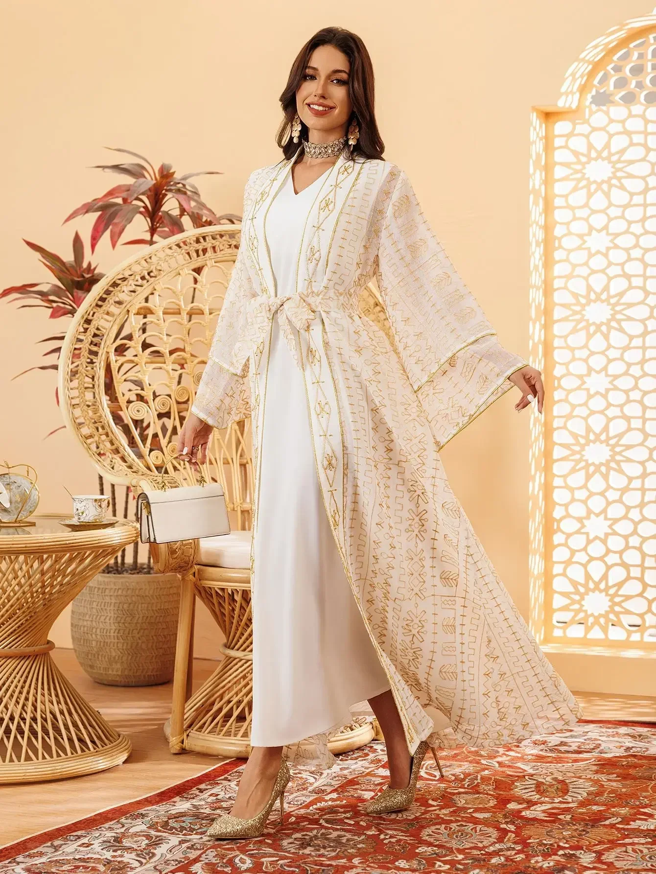 Conjunto de 2 uds. De vestido Abaya elegante de hilo de malla con bordado Floral, vestido abierto con cinturón, falda inferior musulmana sin mangas, caftán Jalabiya Eid para mujer