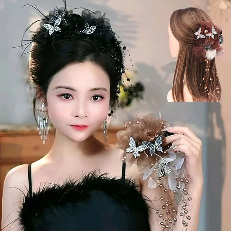 Vintage Elegant Butterfly Feather Tassel Shark Clip Fairy Mesh Flower Hair Claw For Women Girls Headwear Hair Accessories